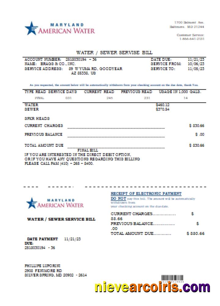 Maryland American Water Co utility business bill